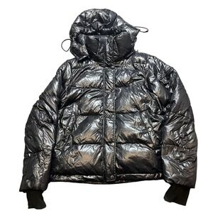 S13 New York Jacket‎ Shiny Black Hooded Puffer Down Full Zip Quilted Womens Med